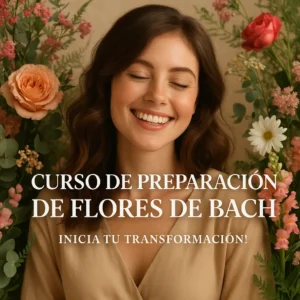 Mujer sonriente rodeada de flores, promoviendo el curso de preparación de Flores de Bach para sanar emocionalmente y aprender a hacer dosis personalizadas